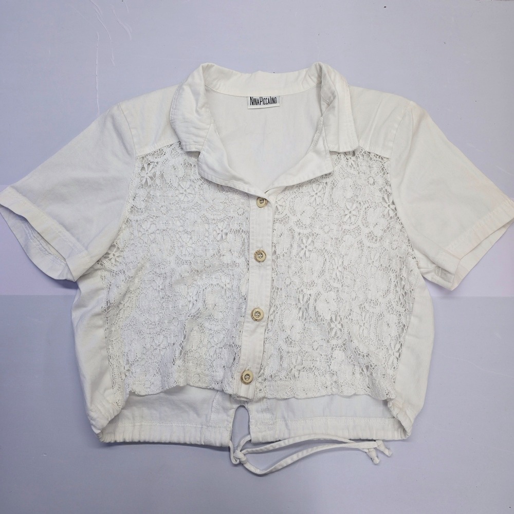 Nina Piccalino Womens White Lace Panel Button Up Cropped Shirt Short Sleeve